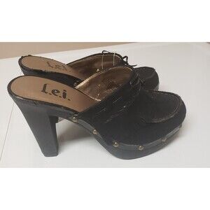 Y2K Lei Black Suede Block Heel Mules Studded Faux Fringe Bow Accent Sz 8 NWOB